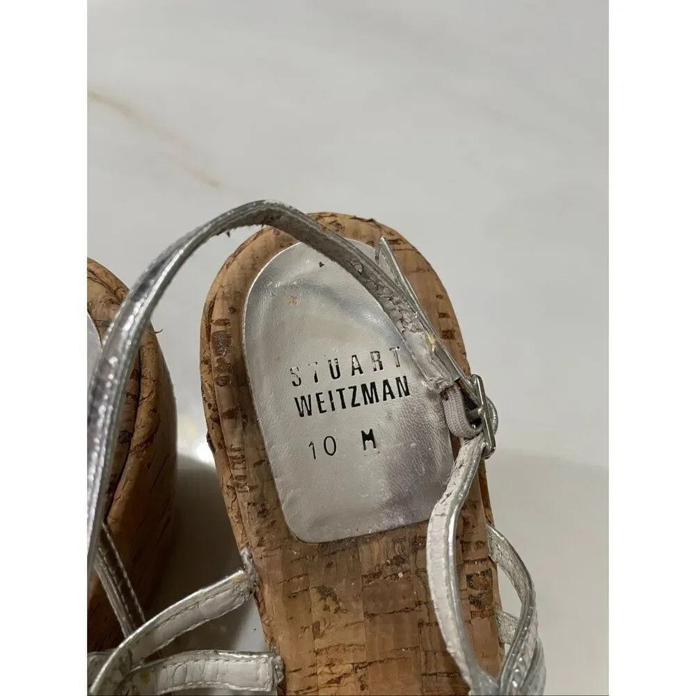 Stuart Weitzman Leather T Silver Strap Wedge Sandals size 10